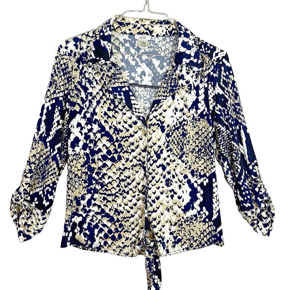Cache Women's Snake Print Button Up Blouse Blue White Tie‎ Hem Collared Size L